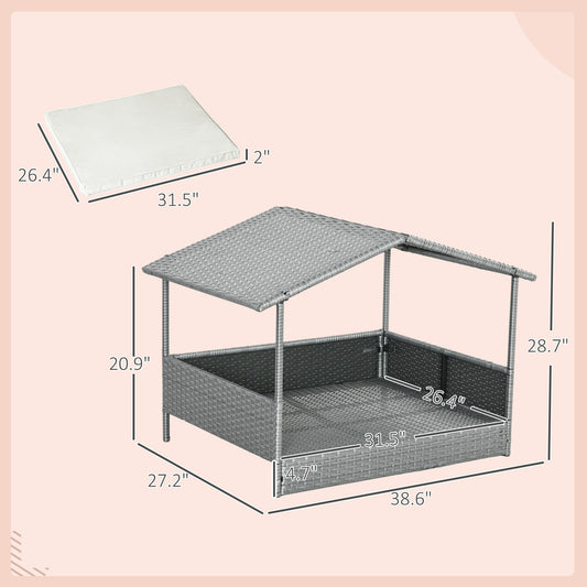 PawHut Wicker Dog House Outdoor with Canopy, Rattan Dog Bed with Water-resistant Cushion, Raised Dog Bed for Small, Medium Dogs up to 66 lbs, 19.75" in Length, Silver Wicker, White Cushion