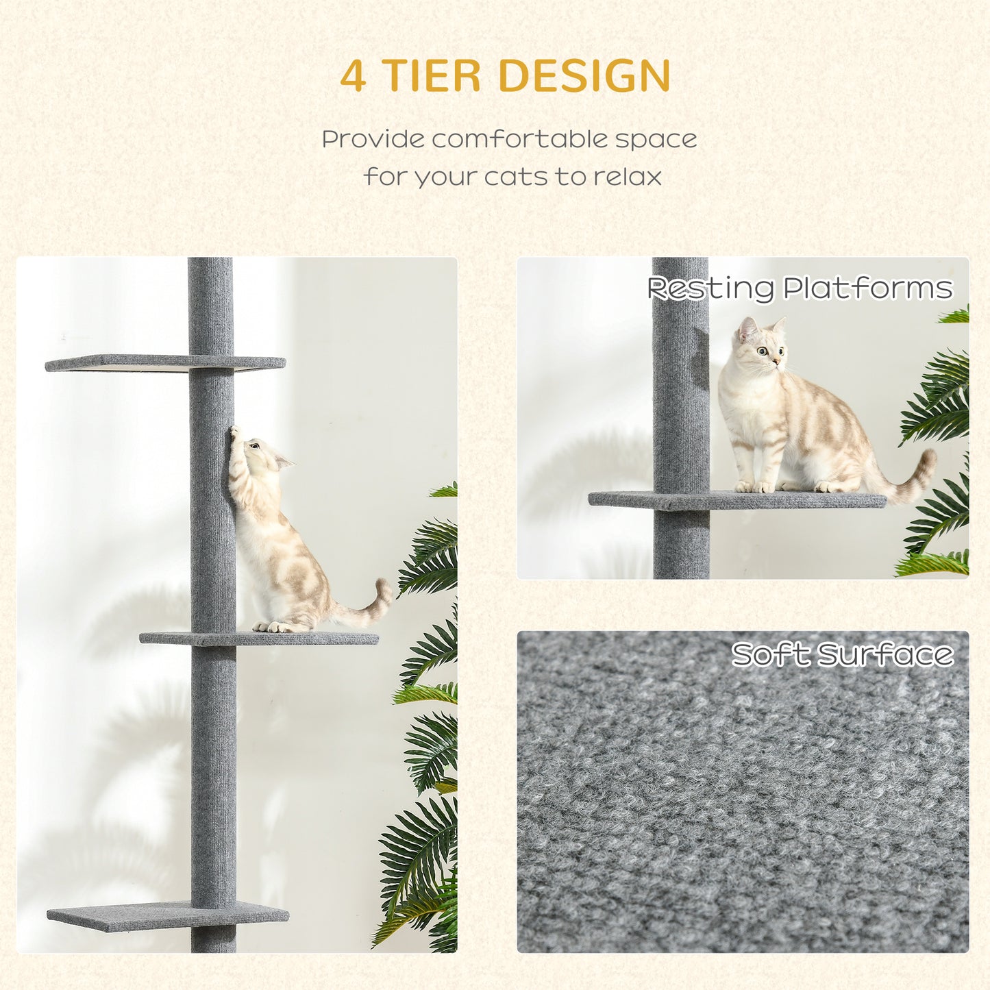 PawHut Floor-to-Ceiling Cat Tree Cat Climbing Tower with Sisal-Covered Scratching Posts Natural Cat Tree Activity Center for kittens Cat tower furniture, Gray
