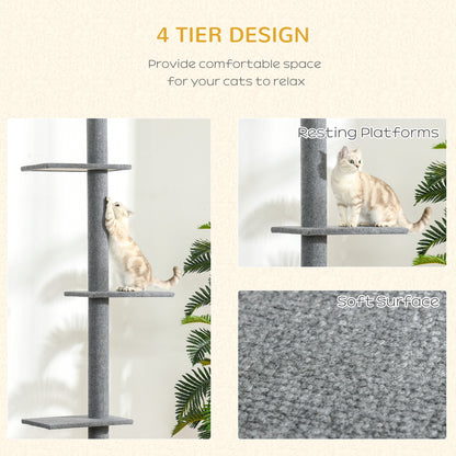 PawHut Floor-to-Ceiling Cat Tree Cat Climbing Tower with Sisal-Covered Scratching Posts Natural Cat Tree Activity Center for kittens Cat tower furniture, Gray