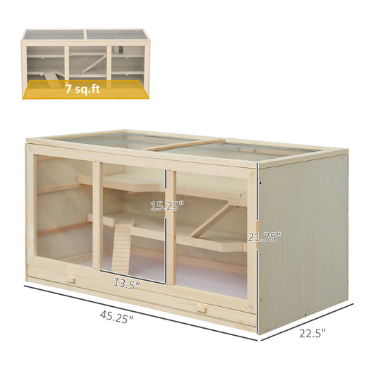 PawHut 45" Extra Large Wooden Hamster Cage, 3-Layer Chewproof Rat Cage with Opening Roof, Hut, Ramps, for Gerbil, Dwarf & Syrian Hamsters, Natural