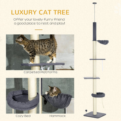PawHut Floor To Ceiling Cat Tree, 5-Tier Cat Climbing Tower, 95''-106'' Height Adjustable with Carpeted Platforms, Cozy Bed, Hammock, Scratching Post & Toy Ball for Indoor Cats, Dark Gray and Cream