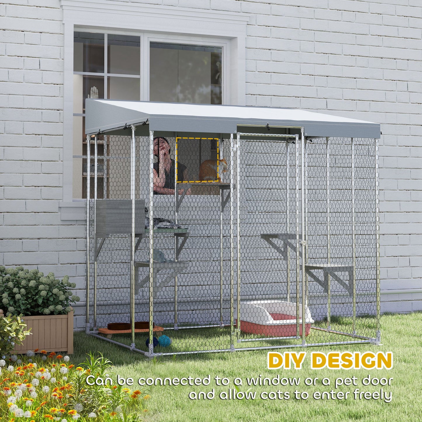 PawHut 79" Galvanized Steel Large Catio with Waterproof Canopy, Sleeping Box, Jumping Platforms, for 1-3 Kittens, Silver