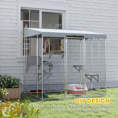 PawHut 79" Galvanized Steel Large Catio with Waterproof Canopy, Sleeping Box, Jumping Platforms, for 1-3 Kittens, Silver
