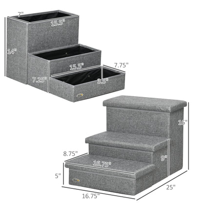 PawHut 3-Step Pet Stairs with Storage, Dog Steps for Couch, Bed, Gray