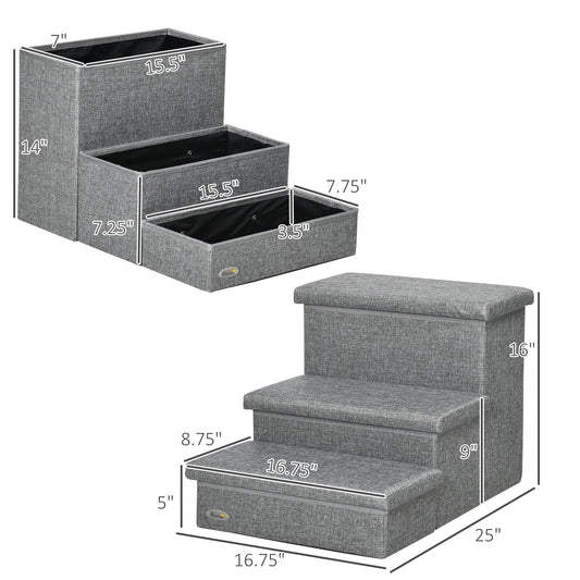 PawHut 3-Step Pet Stairs with Storage, Dog Steps for Couch, Bed, Gray