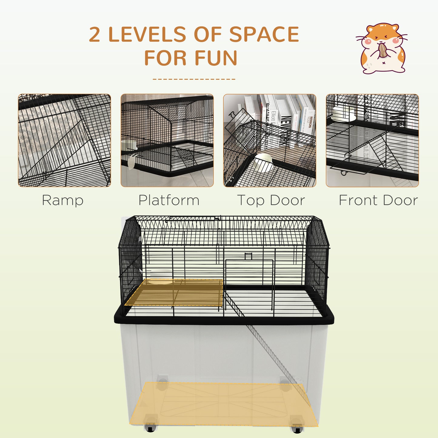 PawHut 22" 2-Tier Hamster Cage with Extra-Deep 14" Base, Small Animal Cage with Ramp, Water Bottle, Food Dish, Wheels, Black