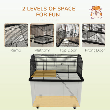 PawHut 22" 2-Tier Hamster Cage with Extra-Deep 14" Base, Small Animal Cage with Ramp, Water Bottle, Food Dish, Wheels, Black