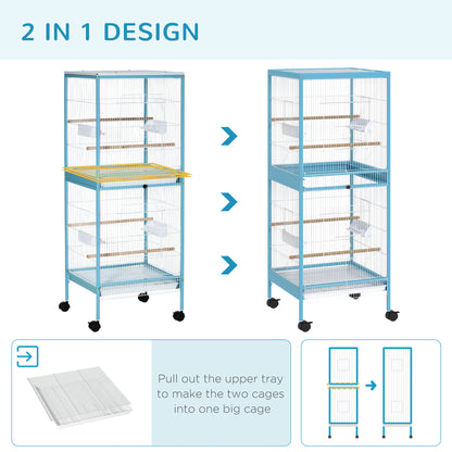 PawHut 55" 2 In 1 Bird Cage Aviary Parakeet House for finches, budgies with Wheels, Light Blue