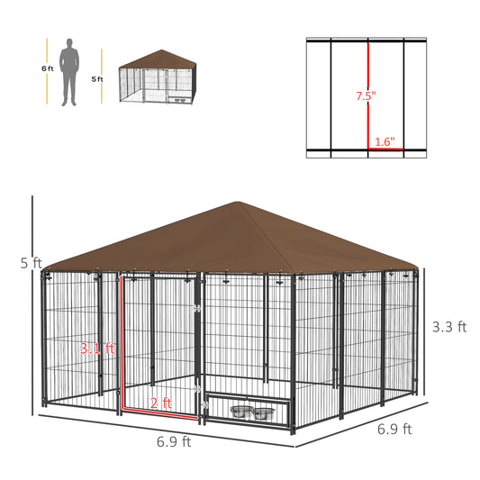 PawHut 6.9' x 6.9' x 5' Outdoor Dog Kennel with Canopy Garden Playpen Fence Crate Enclosure Cage Rotating Bowl, Coffee