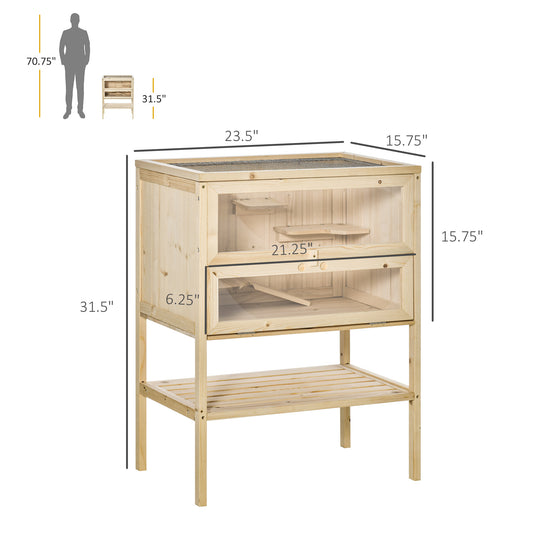 PawHut 3-Tier Wooden Hamster Cage Mice and Rat Cage Small Animals Hutch with Openable Top, Front Door, Shelf, Natural Wood