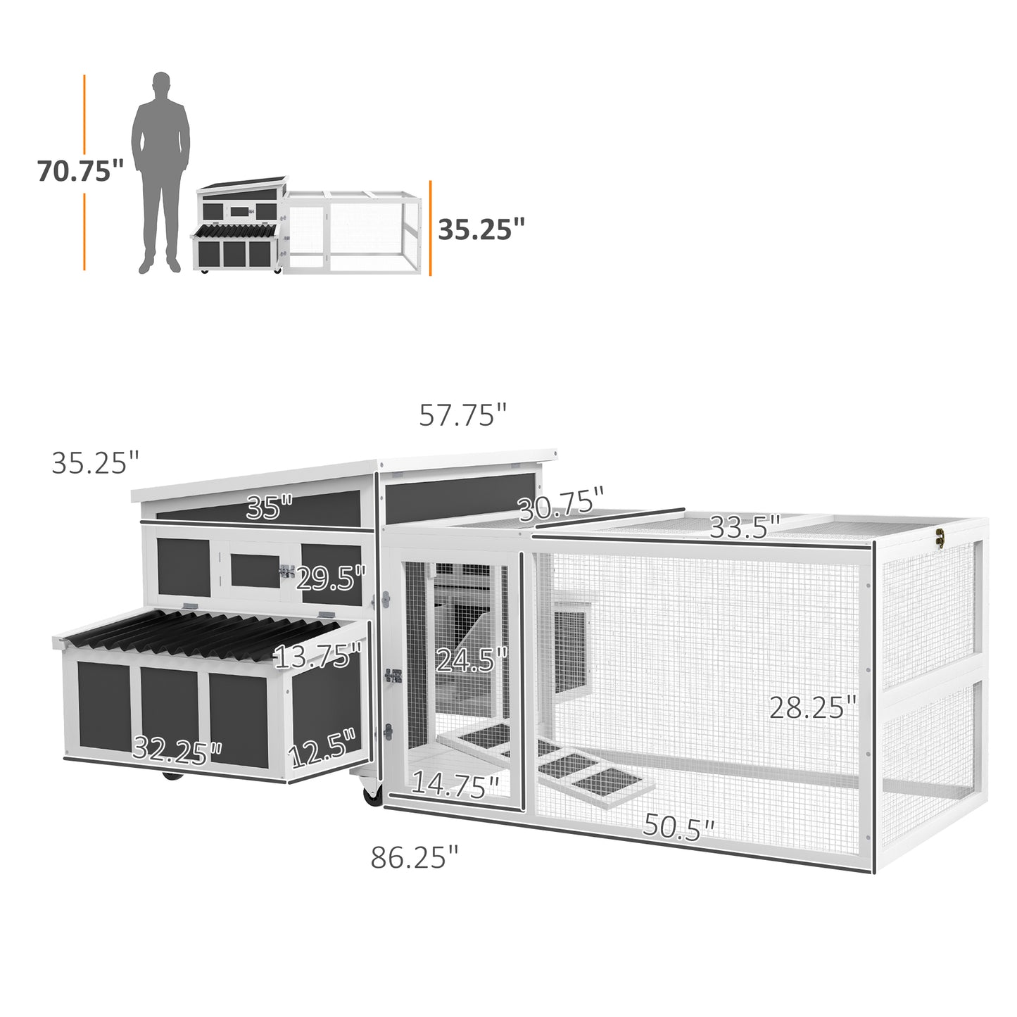 PawHut Wooden Chicken Coop with Nesting Box, Pull Out Tray, Run, Perches, Ramp, Windows for 6 Chickens, Dark Gray