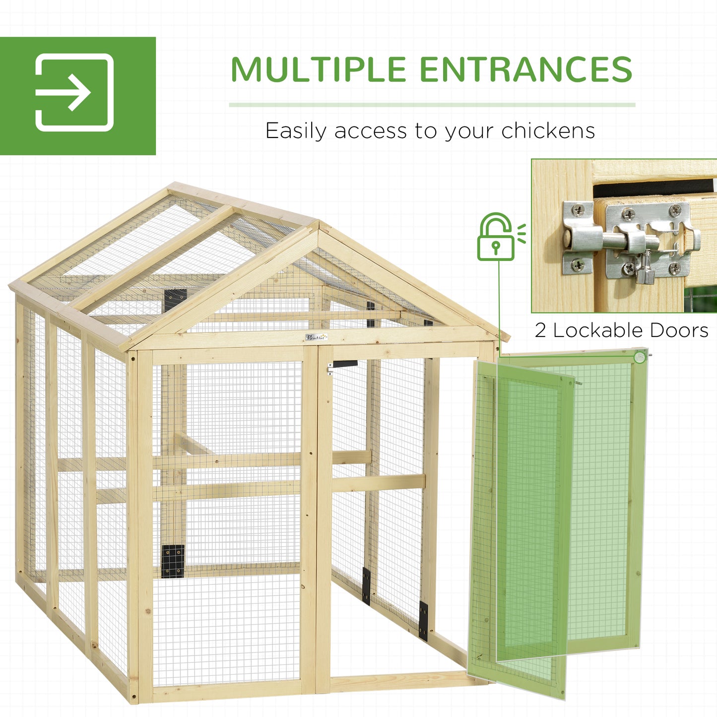 PawHut Wooden Chicken Run, Combinable Design with Perches, 4.6' x 2.8', Nature Wood