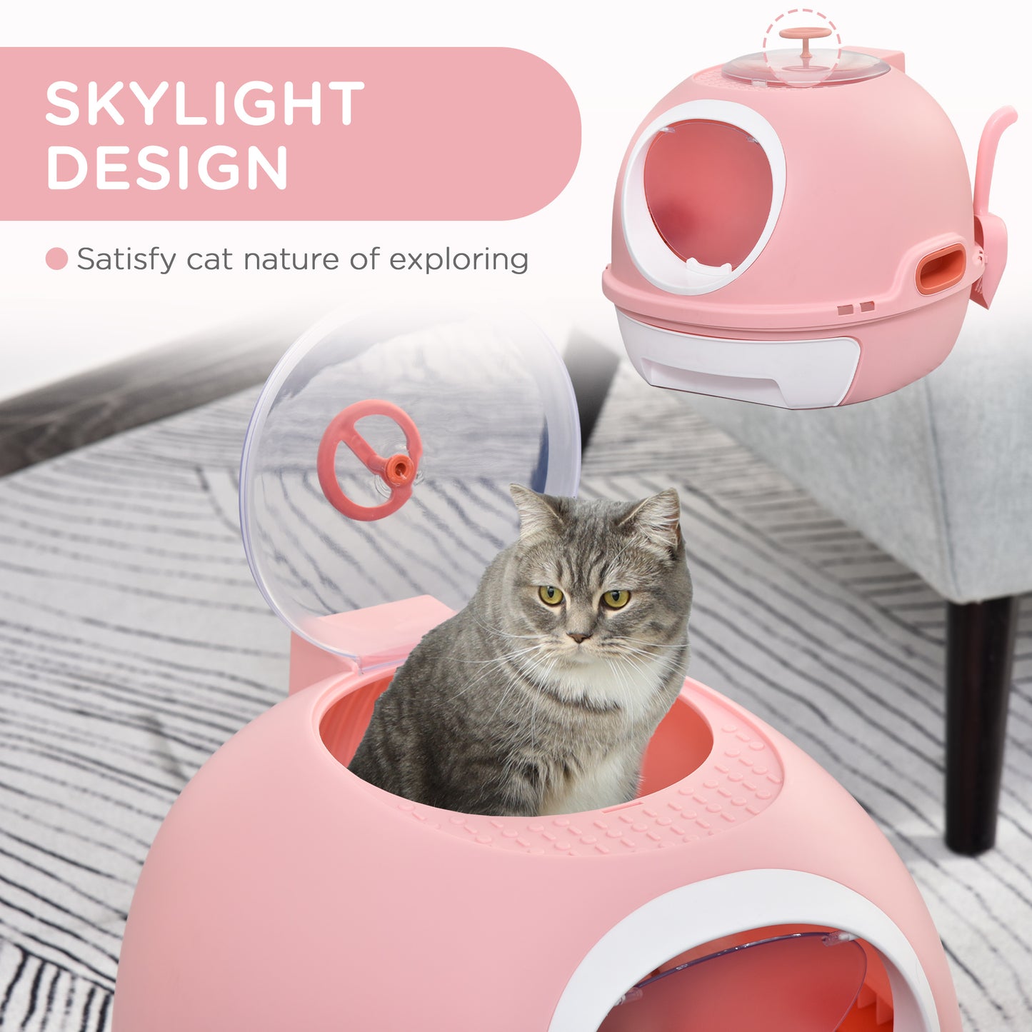PawHut Cat Litter Box Toilet with Lid, Covered Litter Box with Scoop, Enclosed Drawer, and Skylight, Pink