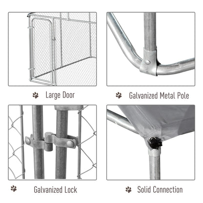 PawHut Outdoor Dog Kennel Galvanized Steel Fence with Cover Secure Lock Mesh Sidewalls for Backyard 9.8' x 9.8' x 7.7'
