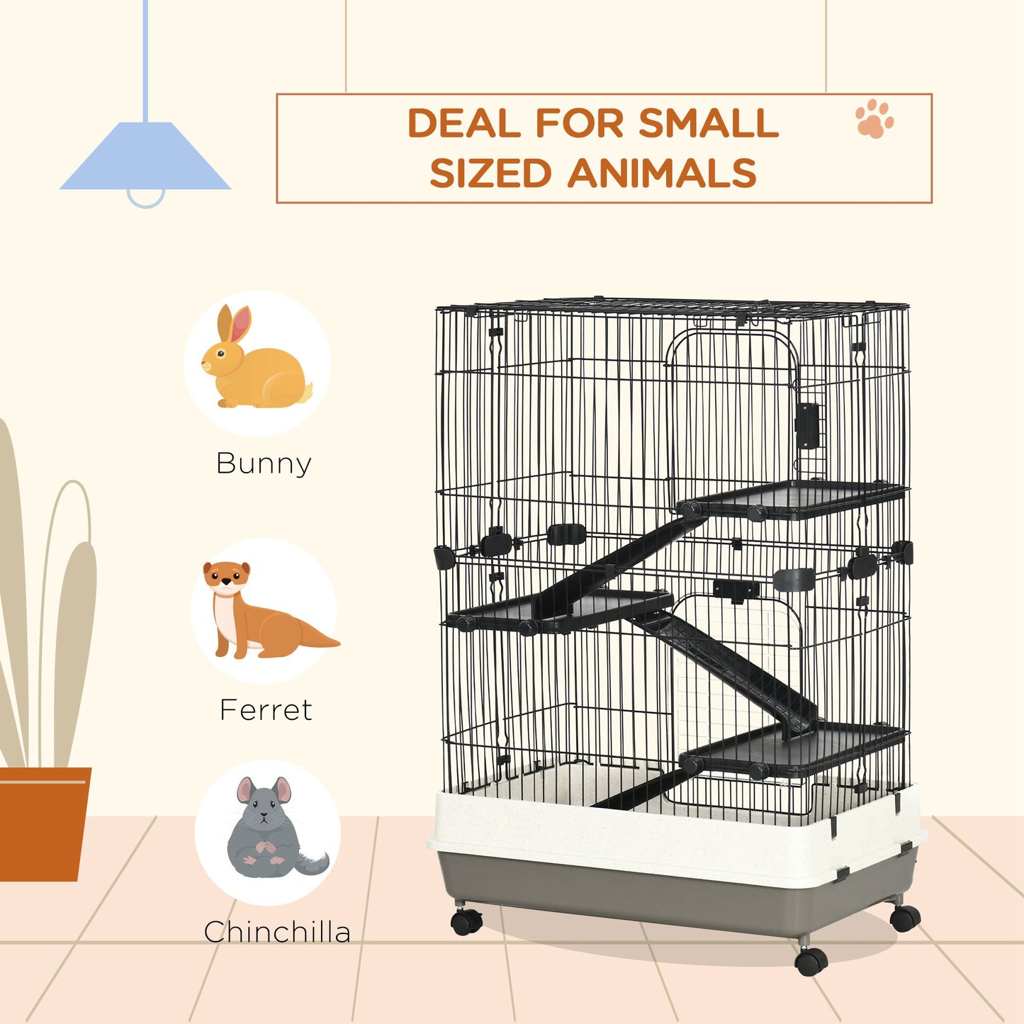 PawHut 32"L 4-Level Small Animal Cage Rabbit Hutch with Universal Lockable Wheels, Slide-out Tray for Bunny, Chinchillas, Ferret, Black