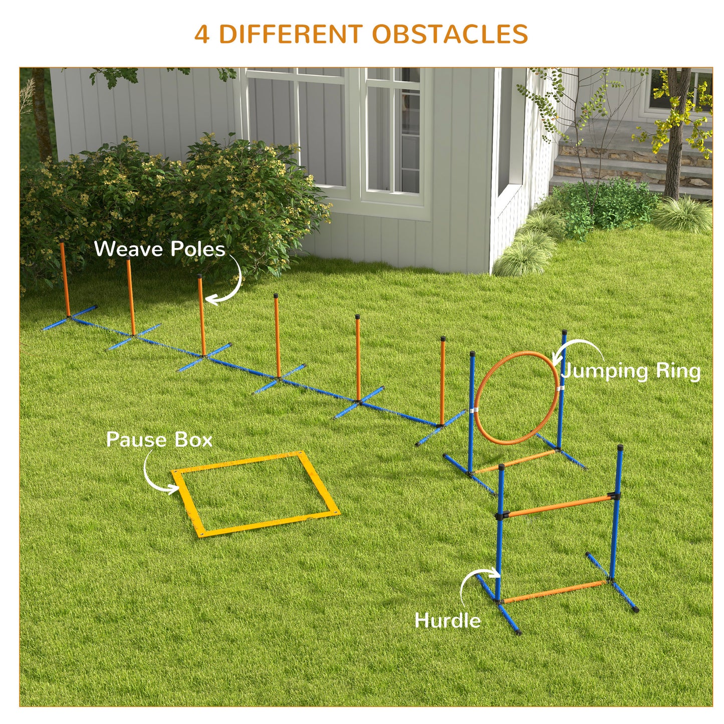 PawHut 4 Pcs Agility Training Equipment for Dogs w/ Weave Poles Adjustable Hurdle Jumping Ring, Pause Box for Backyard Orange