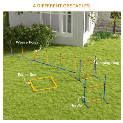 PawHut 4 Pcs Agility Training Equipment for Dogs w/ Weave Poles Adjustable Hurdle Jumping Ring, Pause Box for Backyard Orange