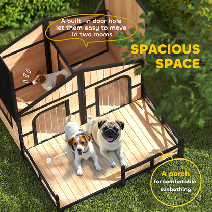 PawHut Dog House Outdoor, Wooden Dog Kennel Weatherproof with Porch, Openable Roof, Removable Bottom, Elevated Floor, Double Room for 2 Small to Medium Breeds, Natural