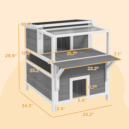 PawHut 2-Story Wooden Cat House Outdoor with Balcony, Openable Top, Escape Door, Removable Panel & Floor, for Backyard, Outside