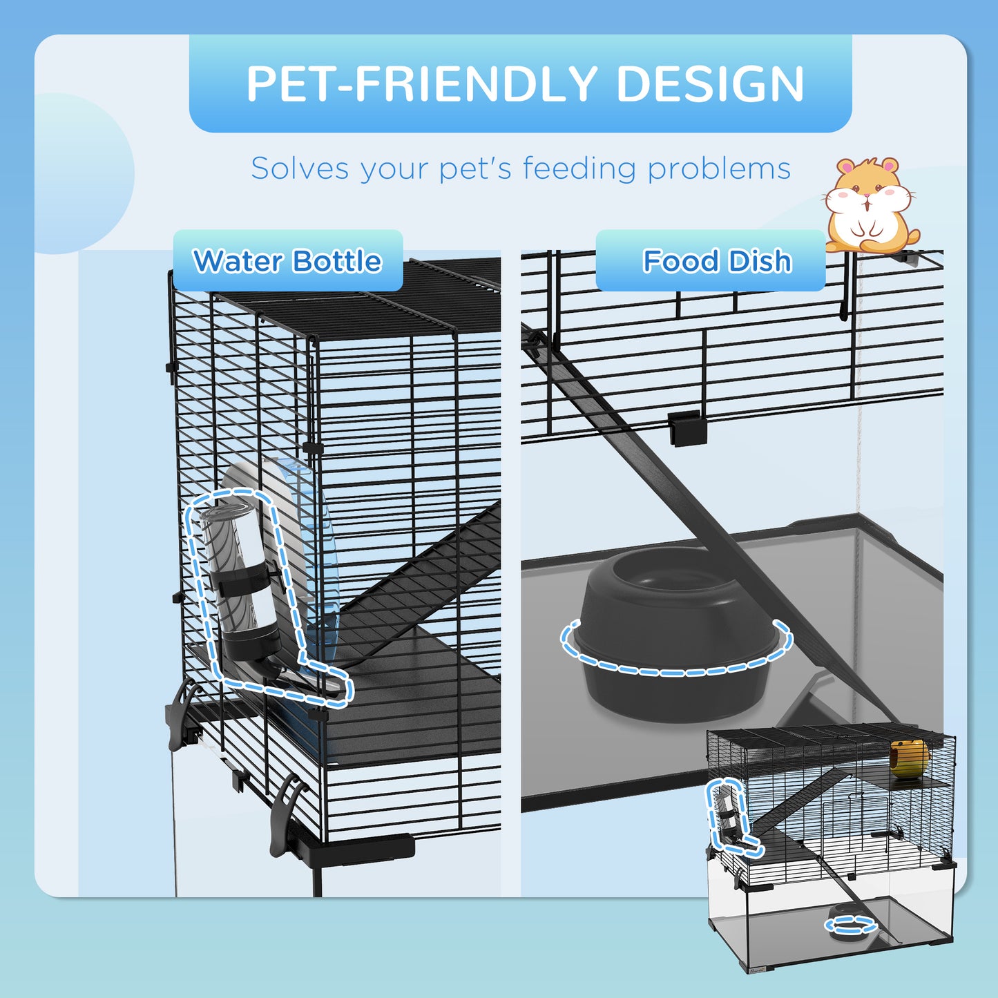 PawHut 23.5" Hamster Cage, Gerbil Cage with Glass Basin for Small Hamsters, Black