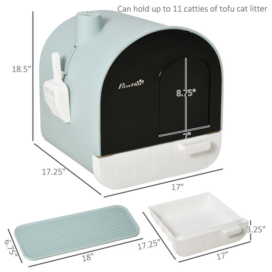 PawHut Cat Litter Box with Lid, Covered Litter Box for Indoor Cats with Tray, Scoop, Mat, Filter, 17" x 17" x 18.5" , Green