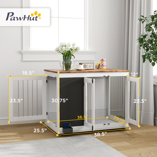 PawHut 39" Dog Crate Furniture Side Table for Large Dogs with Three Doors, Blackboard & Non-Slip Foot Pads, White