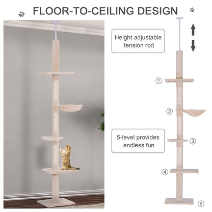 PawHut 8.5' Adjustable Height Floor-to-Ceiling Vertical Cat Tree, 5 Level Cat Climbing Tower, Beige