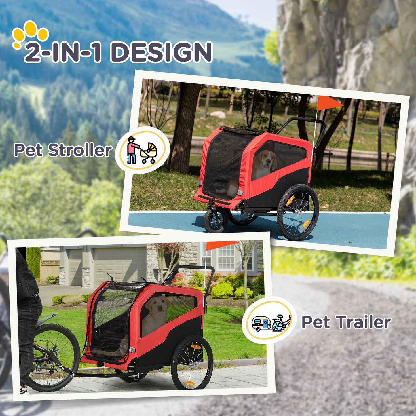 2-in-1 Dog Bike Trailer Pet Stroller Carrier for Large Dogs with Hitch, Quick-release Wheels, Foot Support, Pet Bicycle Cart Wagon Cargo for Travel, Red