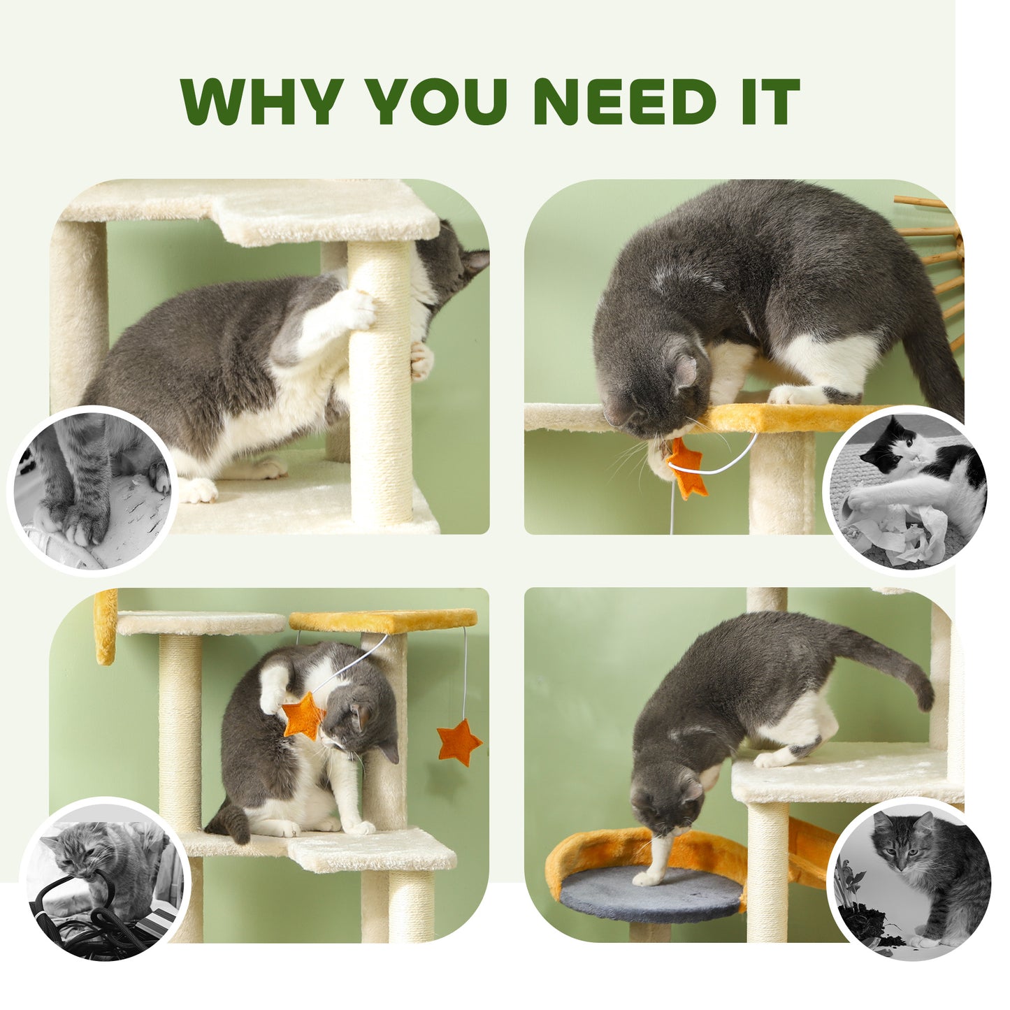 PawHut 63 Inch Moon and Star Themed Cat Tree with Scratching Post, Hammock, Condo, Bed, Scratching Board & Cat Toys, Beige
