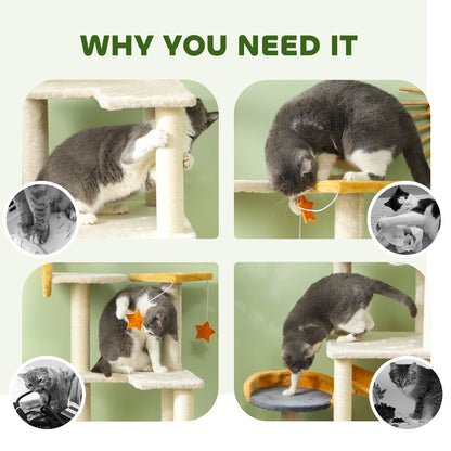 PawHut 63 Inch Moon and Star Themed Cat Tree with Scratching Post, Hammock, Condo, Bed, Scratching Board & Cat Toys, Beige