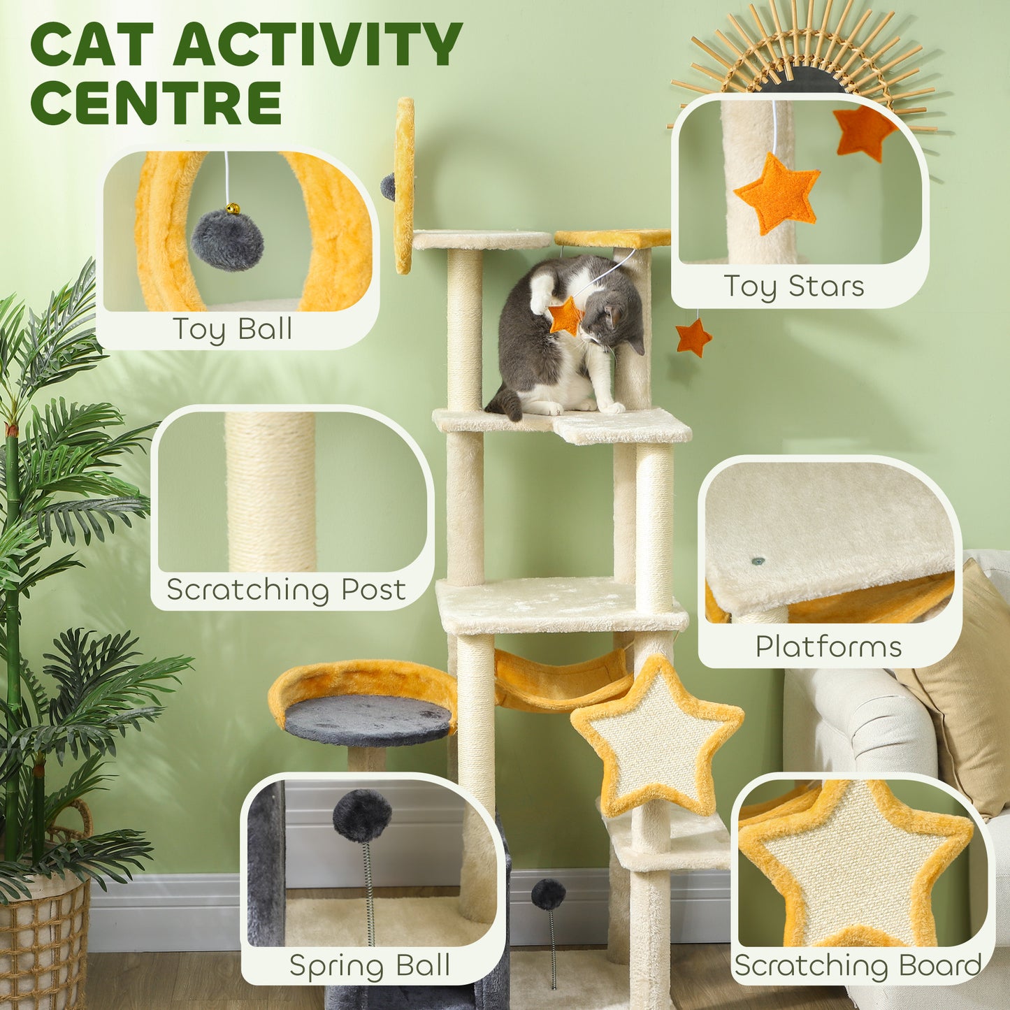 PawHut 63 Inch Moon and Star Themed Cat Tree with Scratching Post, Hammock, Condo, Bed, Scratching Board & Cat Toys, Beige