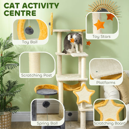 PawHut 63 Inch Moon and Star Themed Cat Tree with Scratching Post, Hammock, Condo, Bed, Scratching Board & Cat Toys, Beige