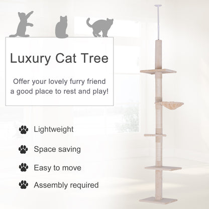 PawHut 8.5' Adjustable Height Floor-to-Ceiling Vertical Cat Tree, 5 Level Cat Climbing Tower, Beige