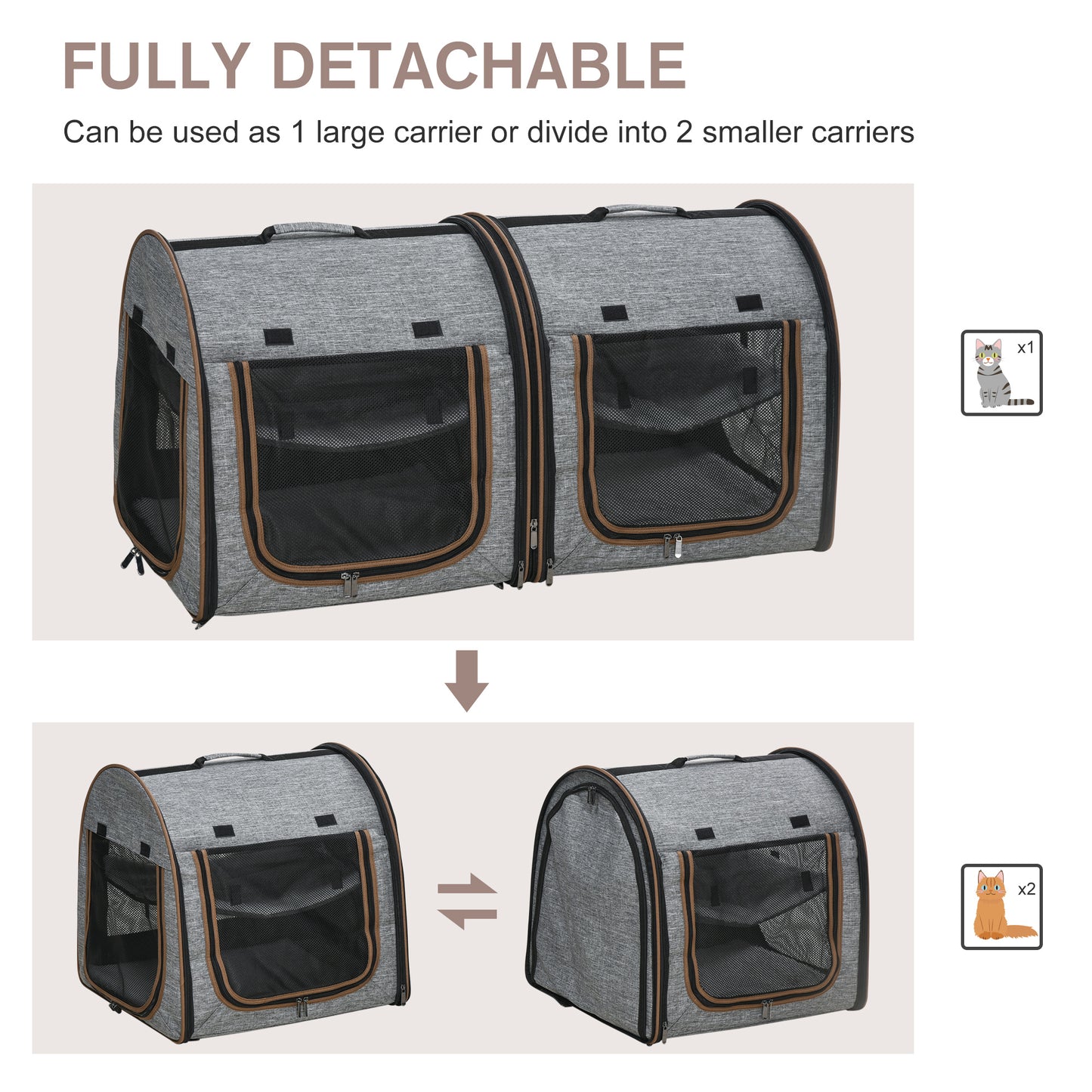 PawHut 39" Portable Soft-Sided Cat Carrier, Cat Kennel, Travel Dog Crate with Divider, Two Compartments, Soft Cushions & Storage Bag, Easy to Fold, Light Gray