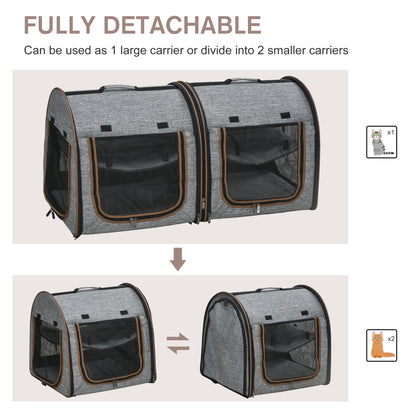 PawHut 39" Portable Soft-Sided Cat Carrier, Cat Kennel, Travel Dog Crate with Divider, Two Compartments, Soft Cushions & Storage Bag, Easy to Fold, Light Gray