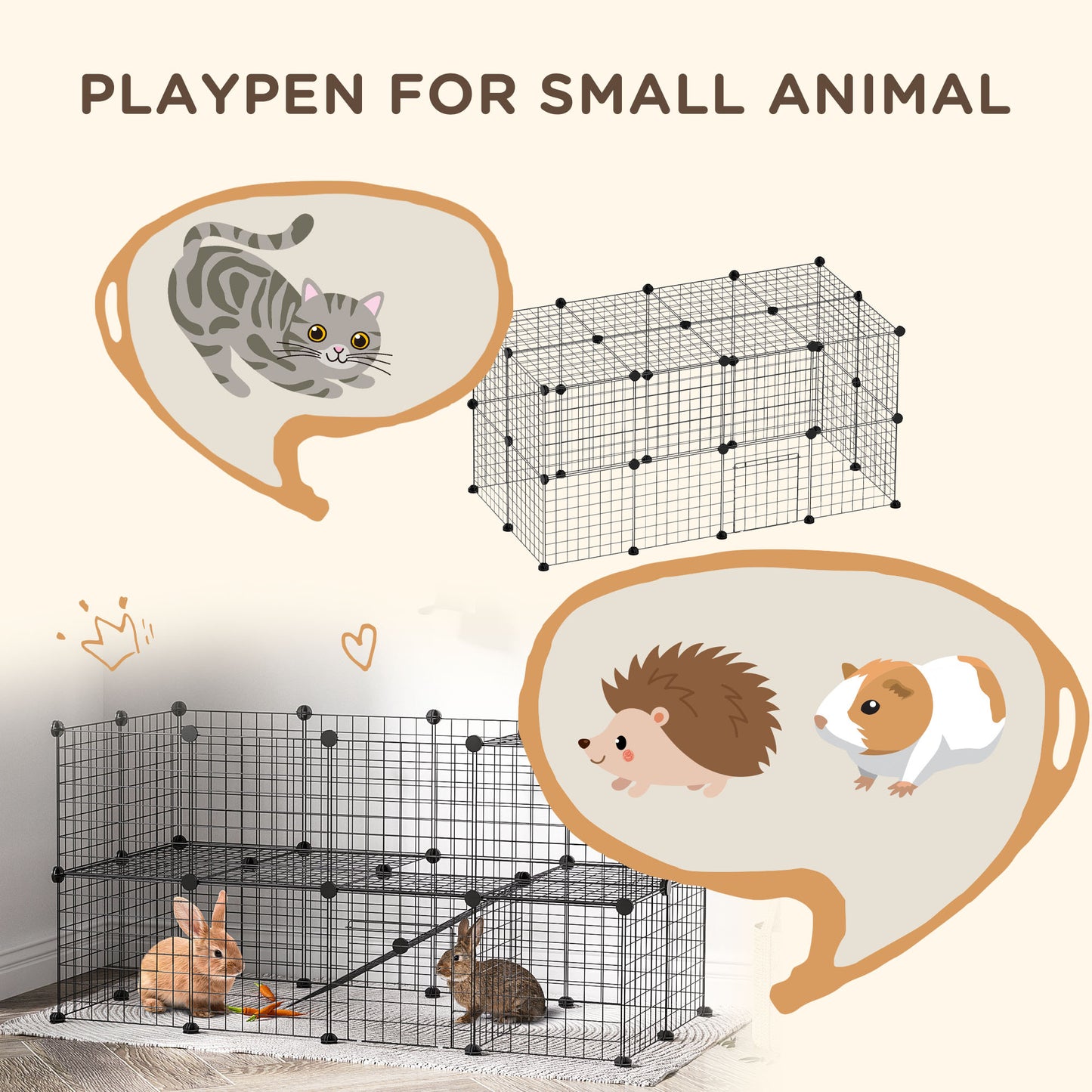 PawHut 36 Panels Small Animal Playpen with Door, DIY C & C Cage for Guinea Pigs with Ramp, Portable Metal Wire Yard for Rabbit, Hedgehogs, 14 x 14 in