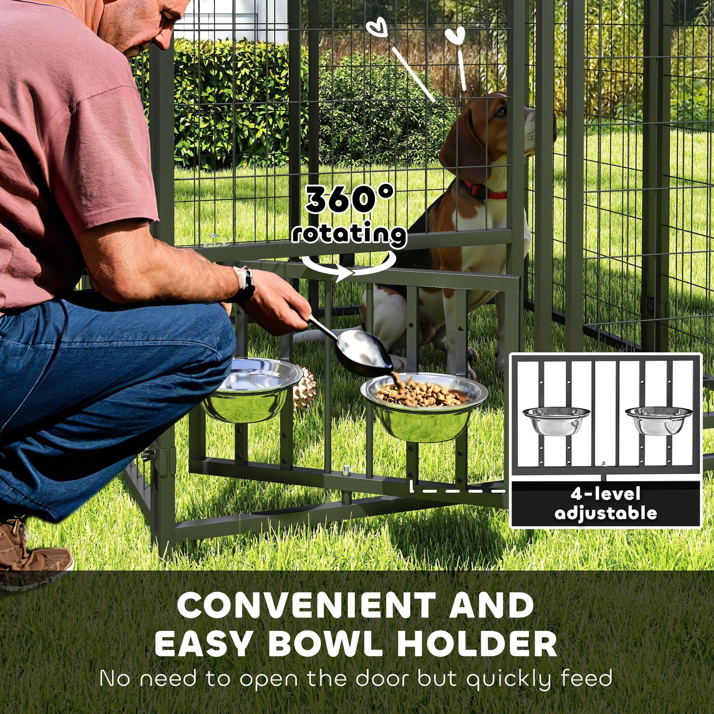 PawHut Welded Wire Outdoor Dog Kennel with 360° Rotating & 4 Levels Adjustable Bowls, Waterproof Cover, 3.9' x 3.9' x 4.5'