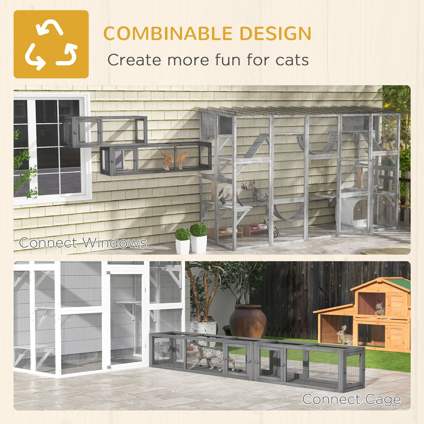 PawHut Wooden 98" Cat Tunnel for Outdoor with Combinable Design, 8 Doors, Dark Gray