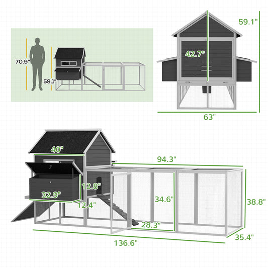 PawHut 137" Wooden Chicken Coop for 8-10 Chickens, Backyard, Gray
