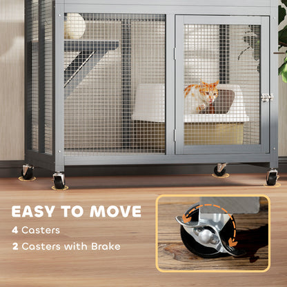 PawHut 74" Wooden Outdoor Cat House Catio with High Weight Capacity, Cat Cage Condo, Dark Gray