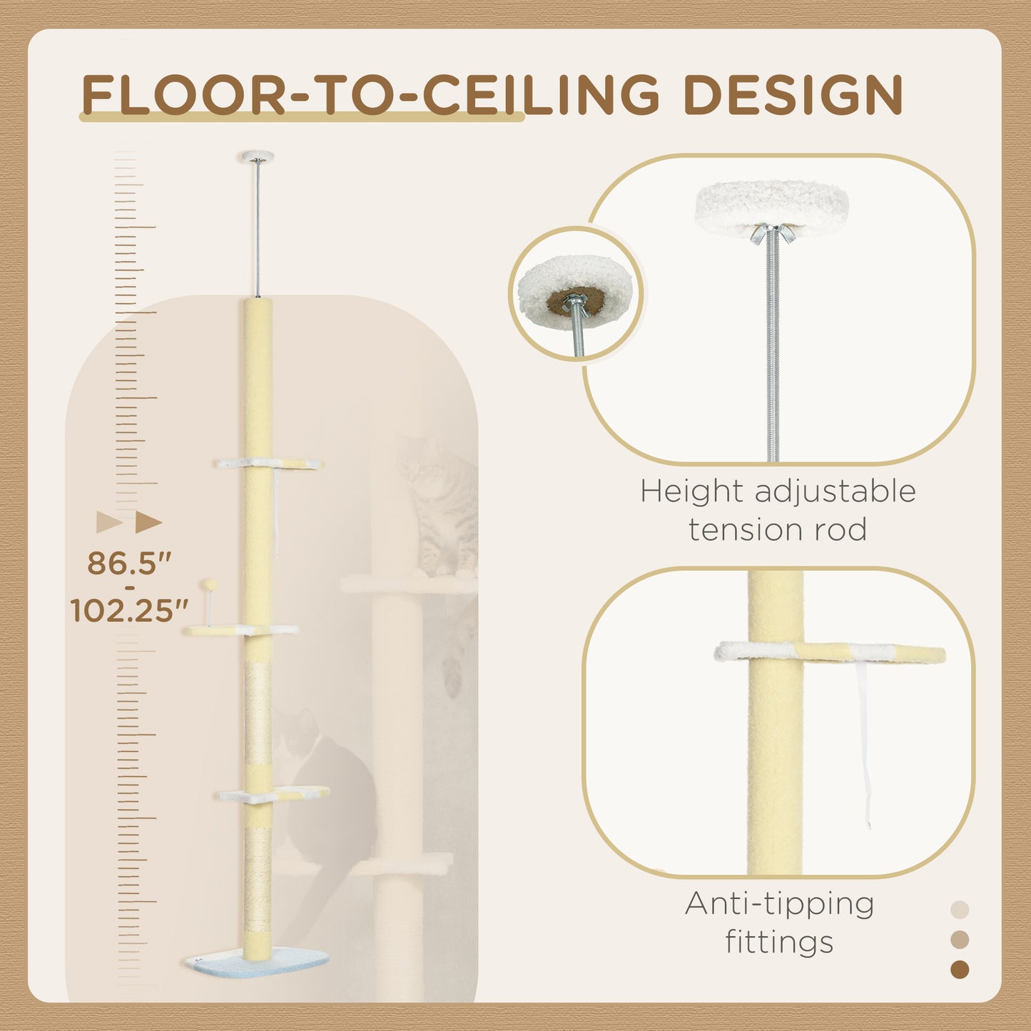 PawHut 4-Tier Floor to Ceiling Cat Tree Height Adjustable 87 -103 Inch