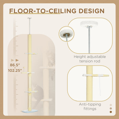 PawHut 4-Tier Floor to Ceiling Cat Tree Height Adjustable 87 -103 Inch