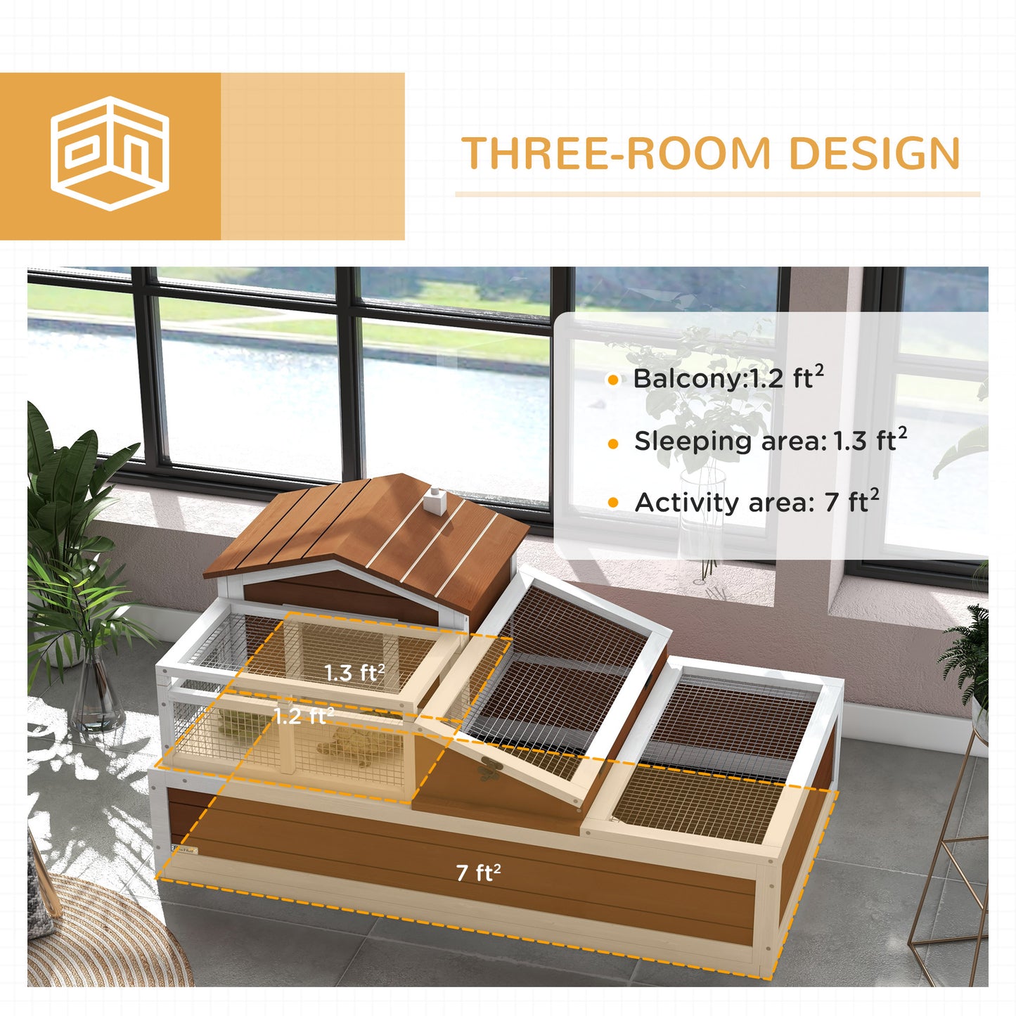 PawHut 3-Room Tortoise Habitat House w/ Balcony & 2 Stories, 44" x 25.5" x 25", Coffee