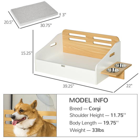PawHut Wooden Dog Bed, Furniture Style Pet Couch, Cat Sofa with Soft Cushion, Backrest, 2 Feeding Bowls, Handles, for Small and Medium Sized Dog