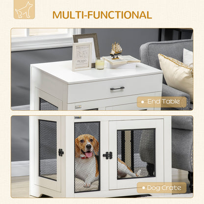 PawHut Dog Crate Furniture with Soft Water-Resistant Cushion, Dog Kennel End Table with Drawer, Puppy Crate for Small Dogs Indoor with 2 Doors, White