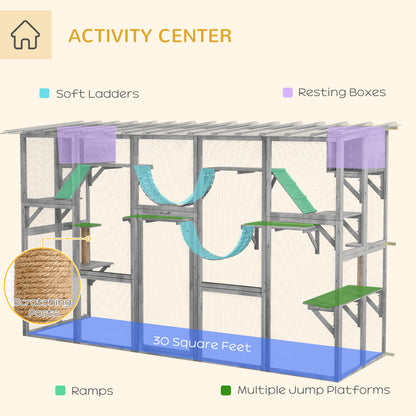 PawHut Catio Playground Cat Window Box Outside Enclosure for Multiple Cats w/ Shelves & Bridges, Gray