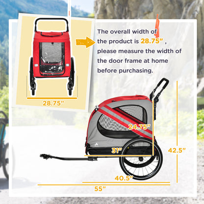 2-in-1 Pet Bike Trailer for Small Dogs, Road-Visibility Dog Stroller Bicycle Carrier, Weather-Strong Bike Wagon Trailer Sidecar Attachment, Red