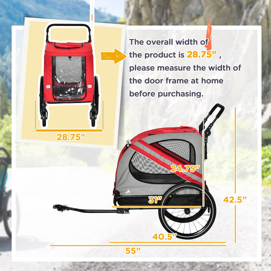 2-in-1 Pet Bike Trailer for Small Dogs, Road-Visibility Dog Stroller Bicycle Carrier, Weather-Strong Bike Wagon Trailer Sidecar Attachment, Red