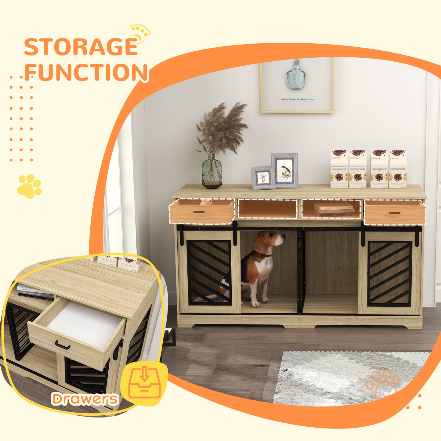 PawHut Modern Dog Kennel Furniture with Removable Divider, Storage, Drawers for 2 Medium Dogs or 1 Large Dog, Oak