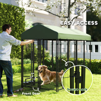 PawHut Outdoor Dog Kennel with Rotating Bowl Holders, Pet Playpen with Waterproof Cover, 8' x 4' x 6', Green